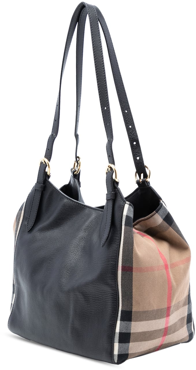 Burberry Small Leather and House Check Canvas Canterbury Tote Zwart