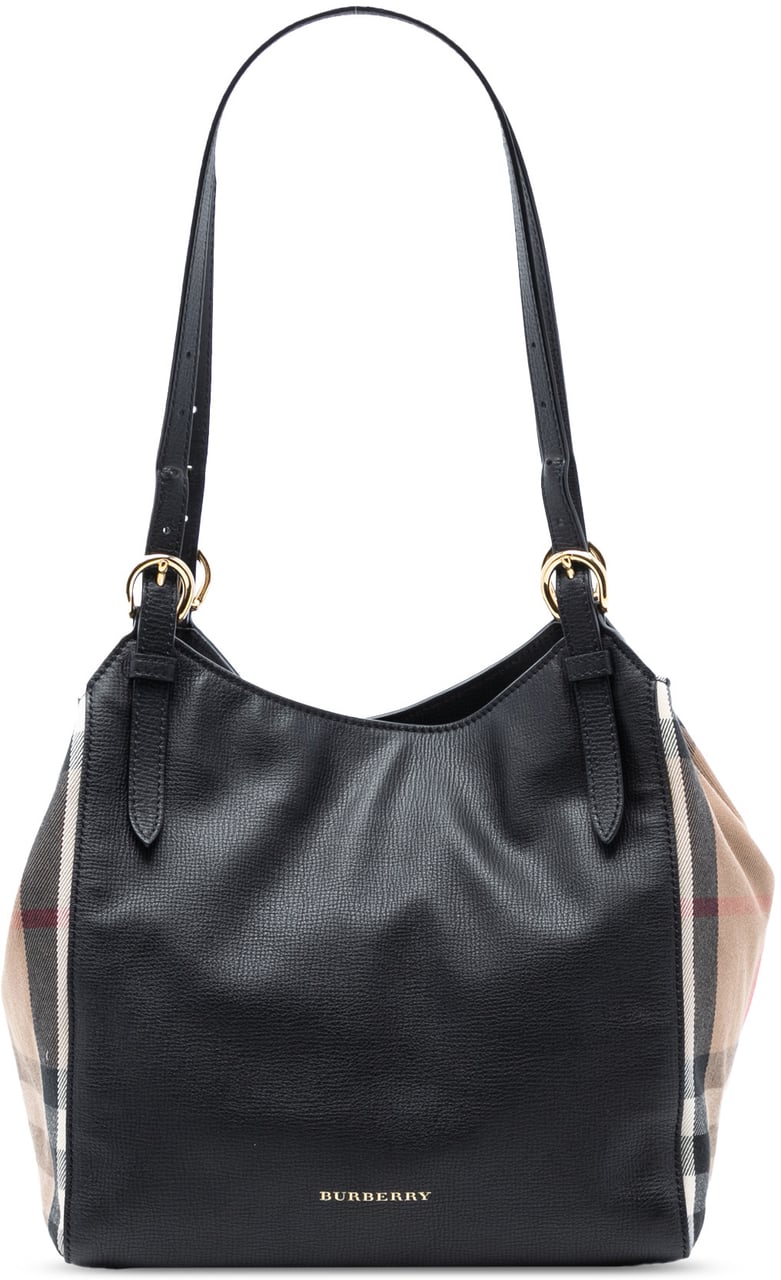 Burberry Small Leather and House Check Canvas Canterbury Tote Zwart