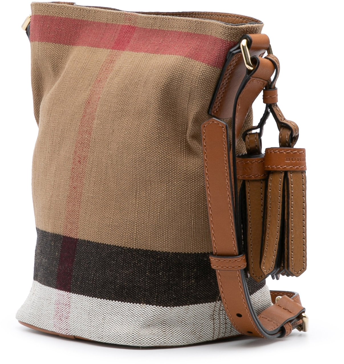 Burberry Mini Mega Check Canvas Ashby Tassel Bucket Bag Bruin