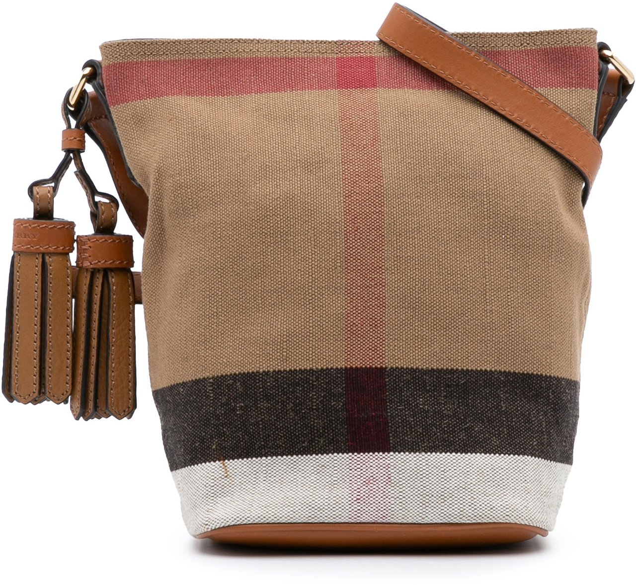 Burberry Mini Mega Check Canvas Ashby Tassel Bucket Bag Bruin