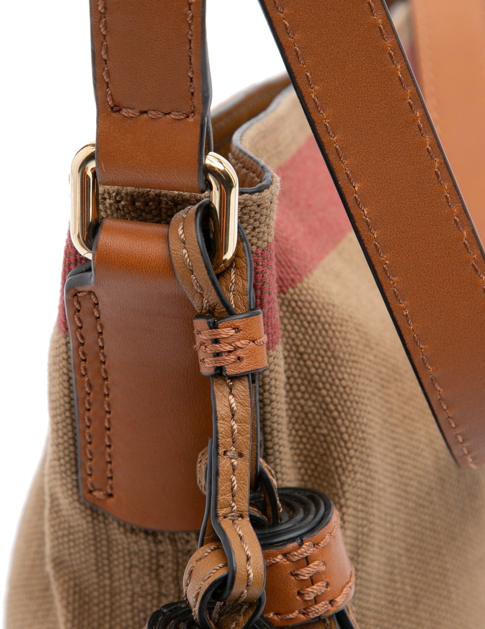 Burberry Mini Mega Check Canvas Ashby Tassel Bucket Bag Bruin