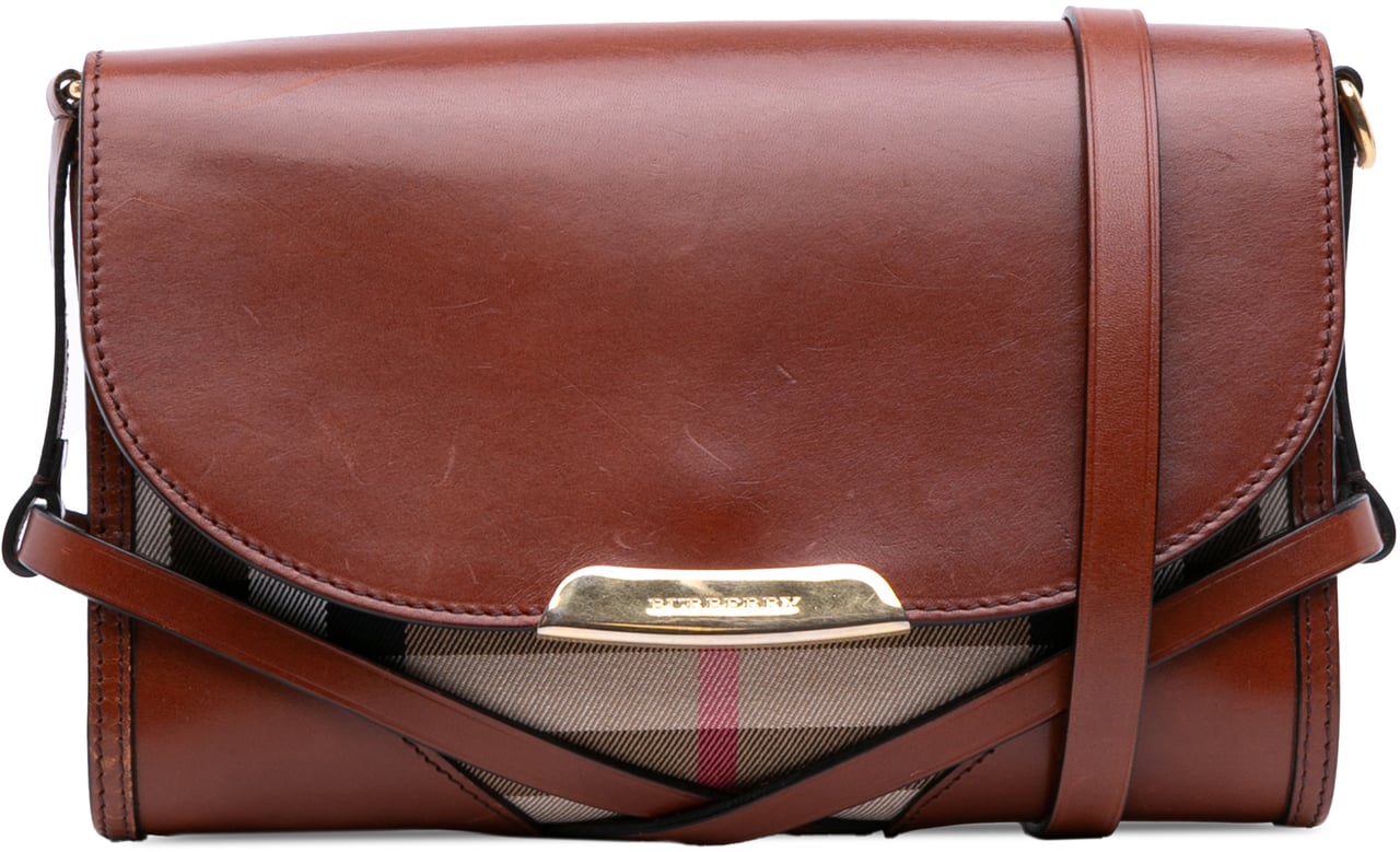Burberry Leather and House Check Canvas Bridle Abbott Crossbody Bruin
