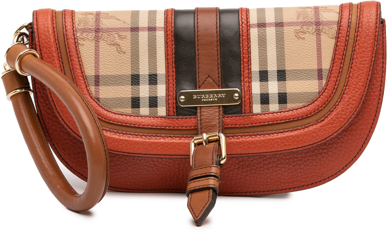 Burberry Haymarket Check Coated Canvas and Grained Leather Clutch Bruin