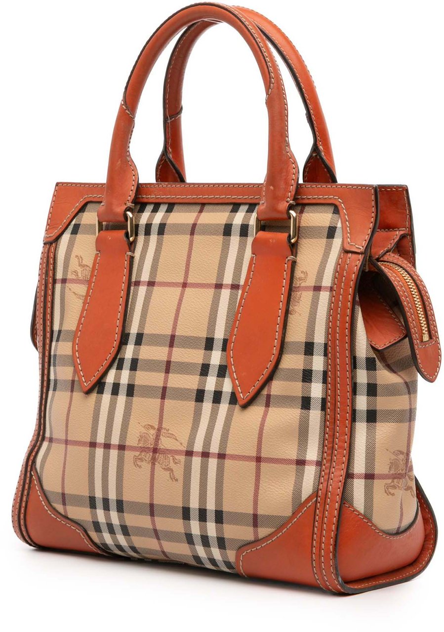 Burberry Small Haymarket Check Coated Canvas Honeywood Tote Bruin