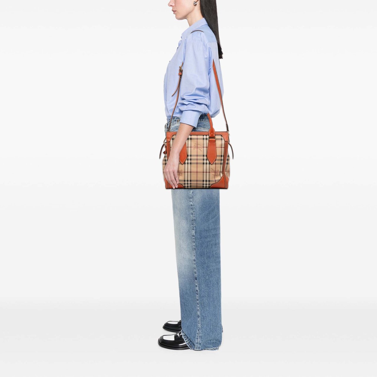 Burberry Small Haymarket Check Coated Canvas Honeywood Tote Bruin