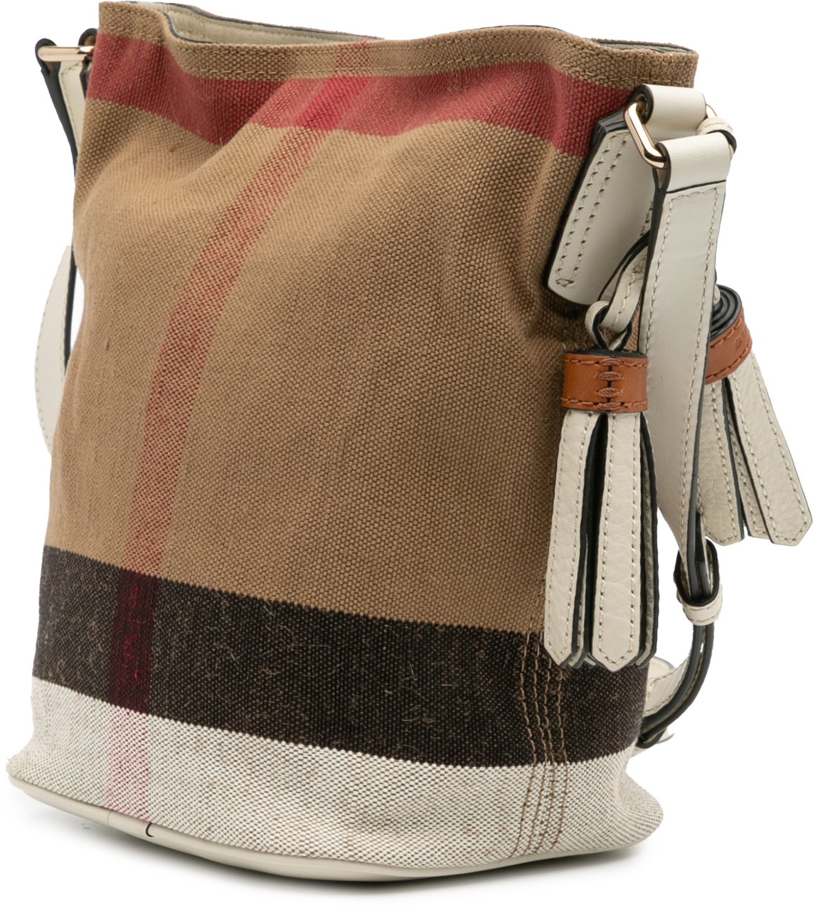 Burberry Mini Mega Check Canvas Ashby Tassel Bucket Bag Bruin
