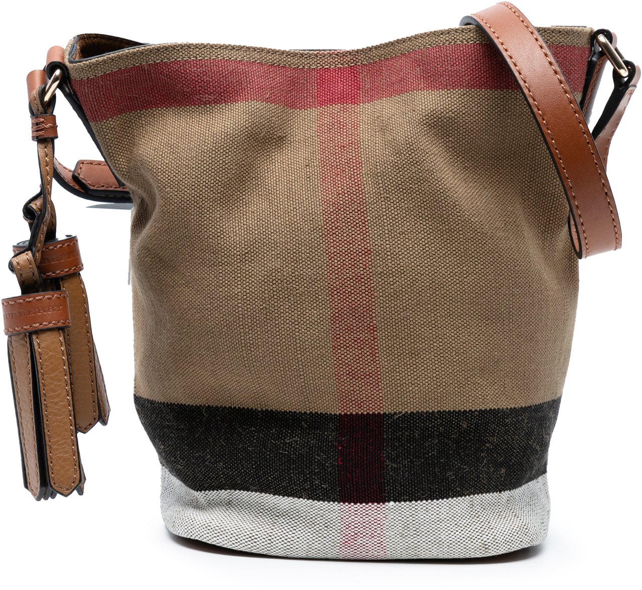 Burberry Mini Mega Check Canvas Ashby Tassel Bucket Bag Bruin