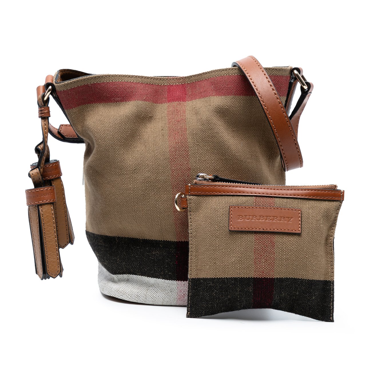 Burberry Mini Mega Check Canvas Ashby Tassel Bucket Bag Bruin