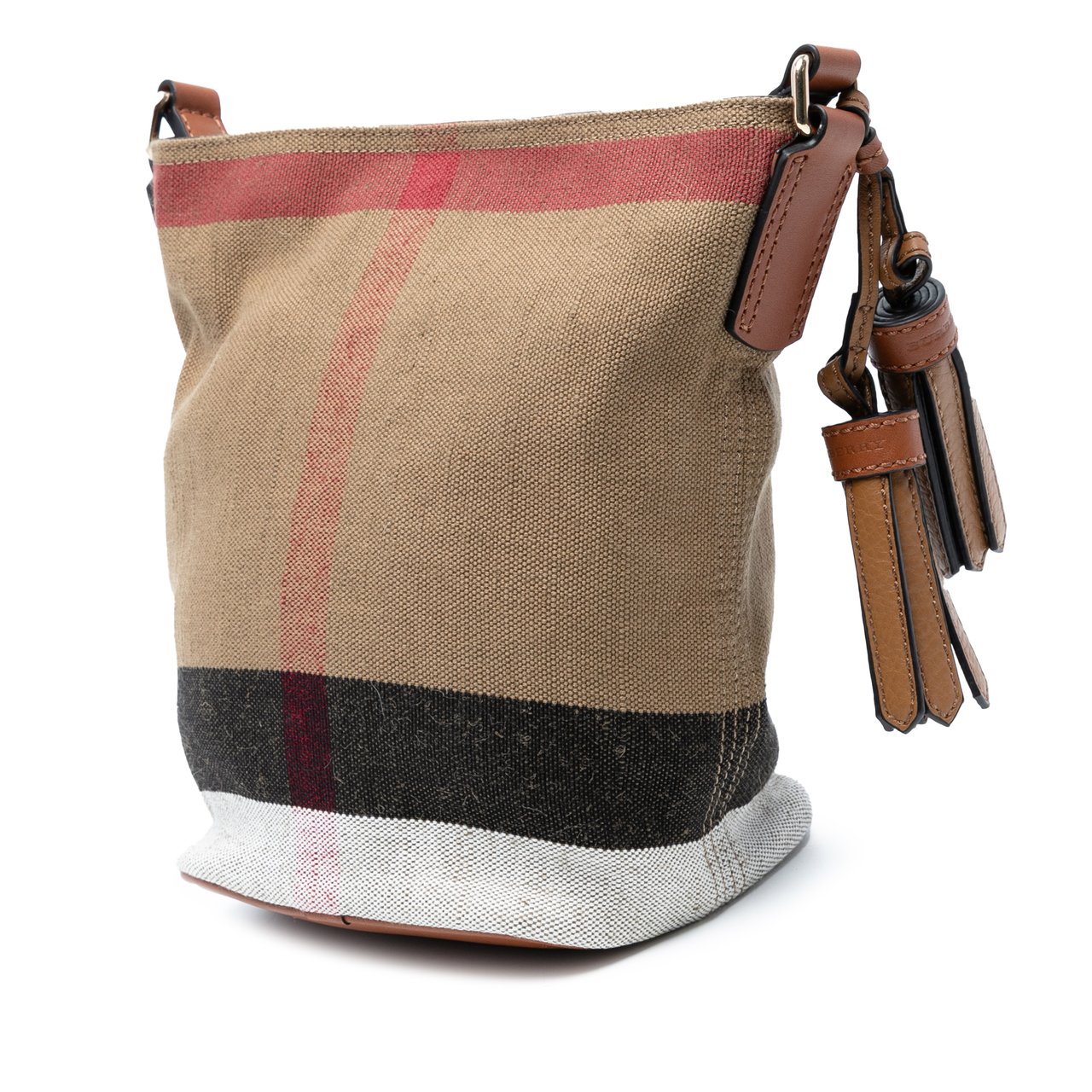 Burberry Mini Mega Check Canvas Ashby Tassel Bucket Bag Bruin