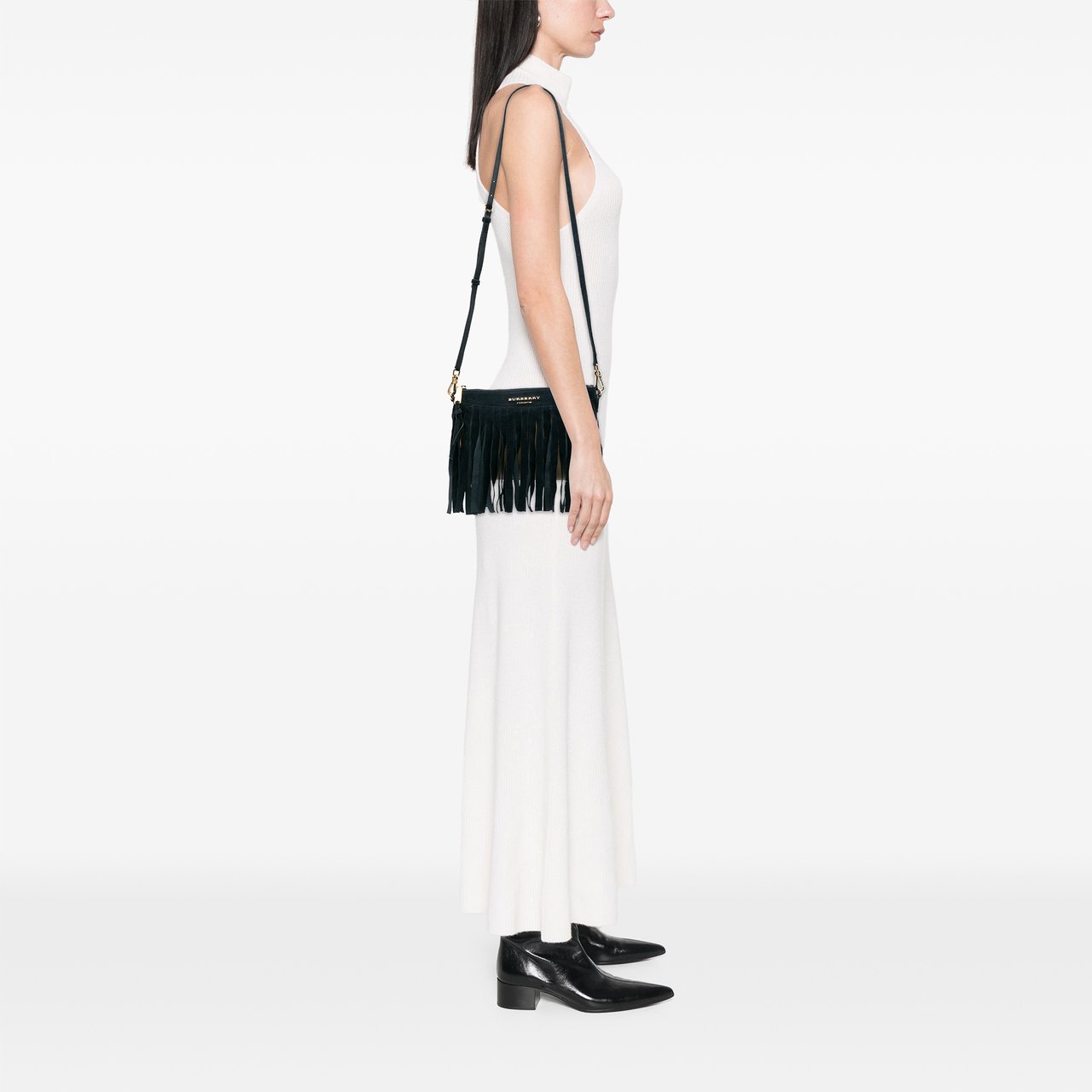 Burberry Suede Peyton Fringe Crossbody Zwart