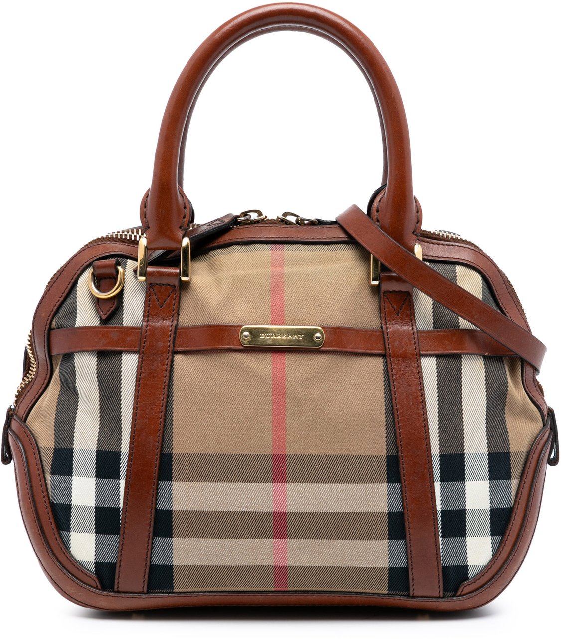 Burberry Small Leather Trimmed House Check Canvas Bridle Orchard Satchel Bruin