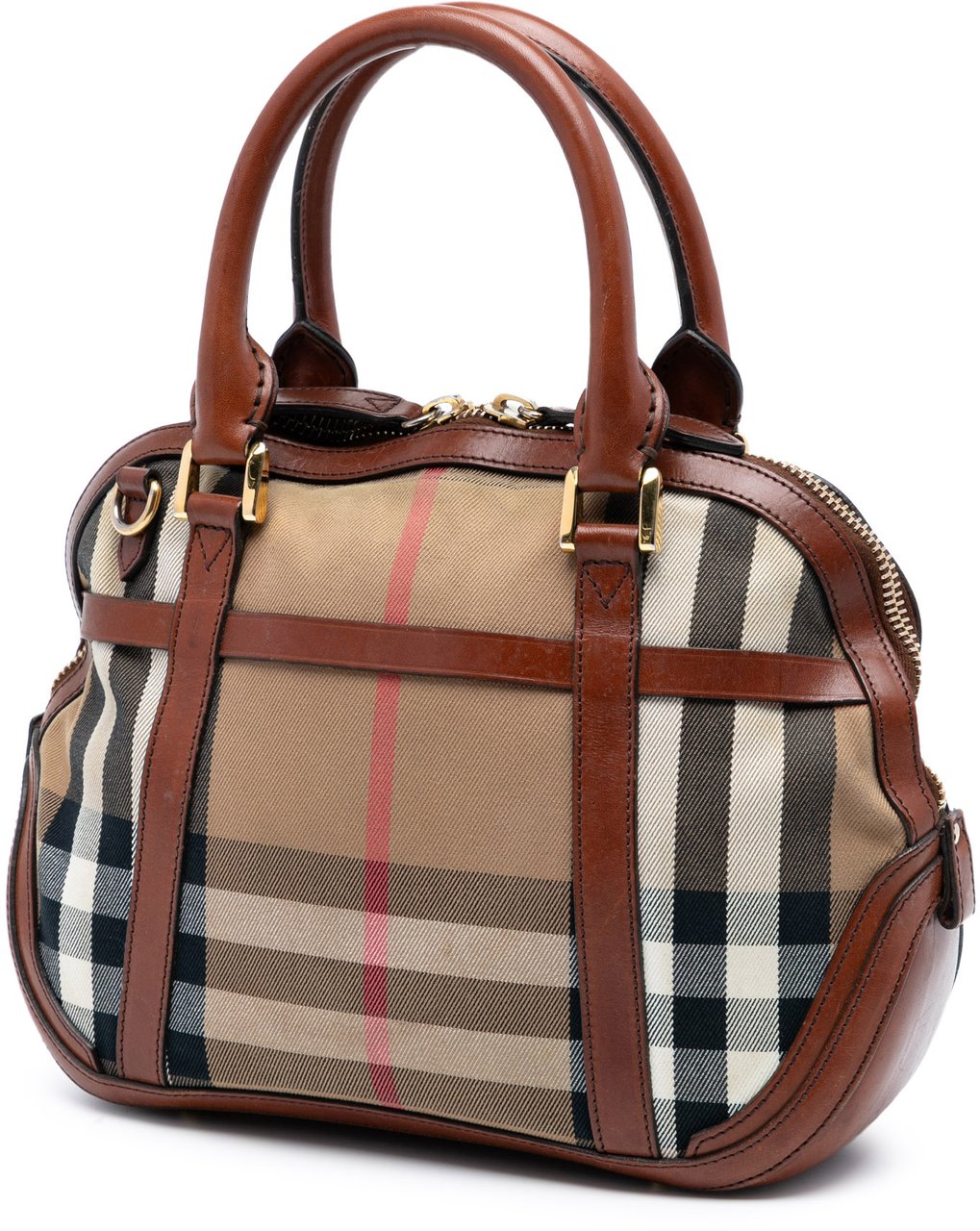 Burberry Small Leather Trimmed House Check Canvas Bridle Orchard Satchel Bruin