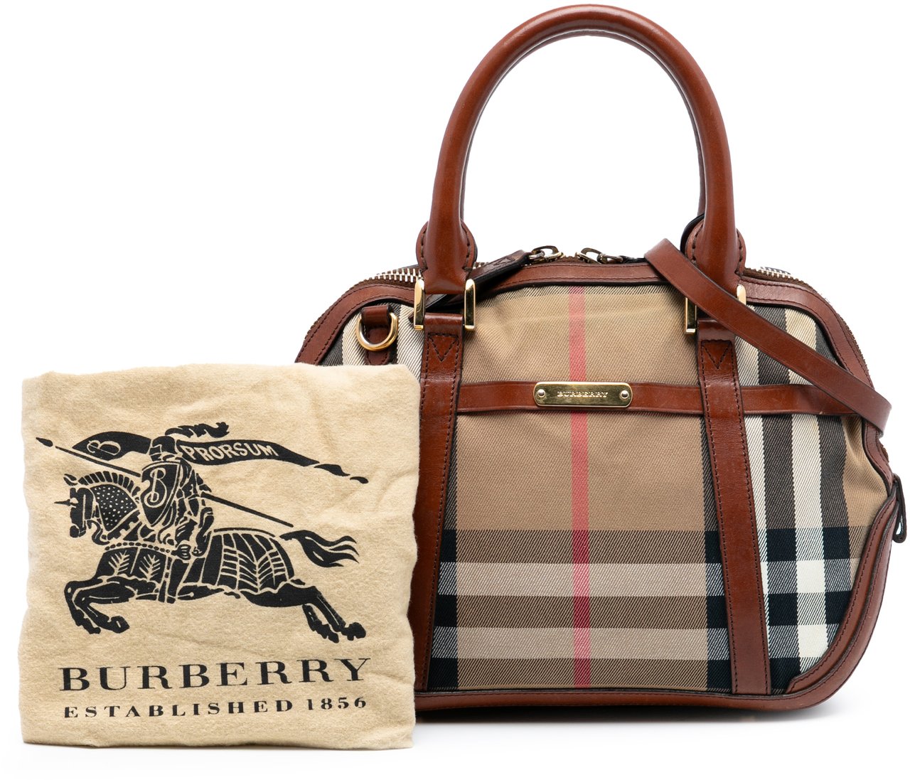 Burberry Small Leather Trimmed House Check Canvas Bridle Orchard Satchel Bruin