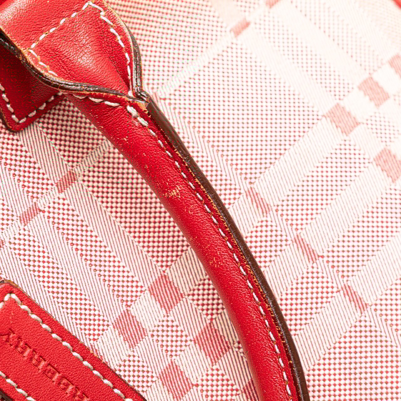 Burberry Leather Trimmed Tonal Check Canvas Dome Handbag Rood