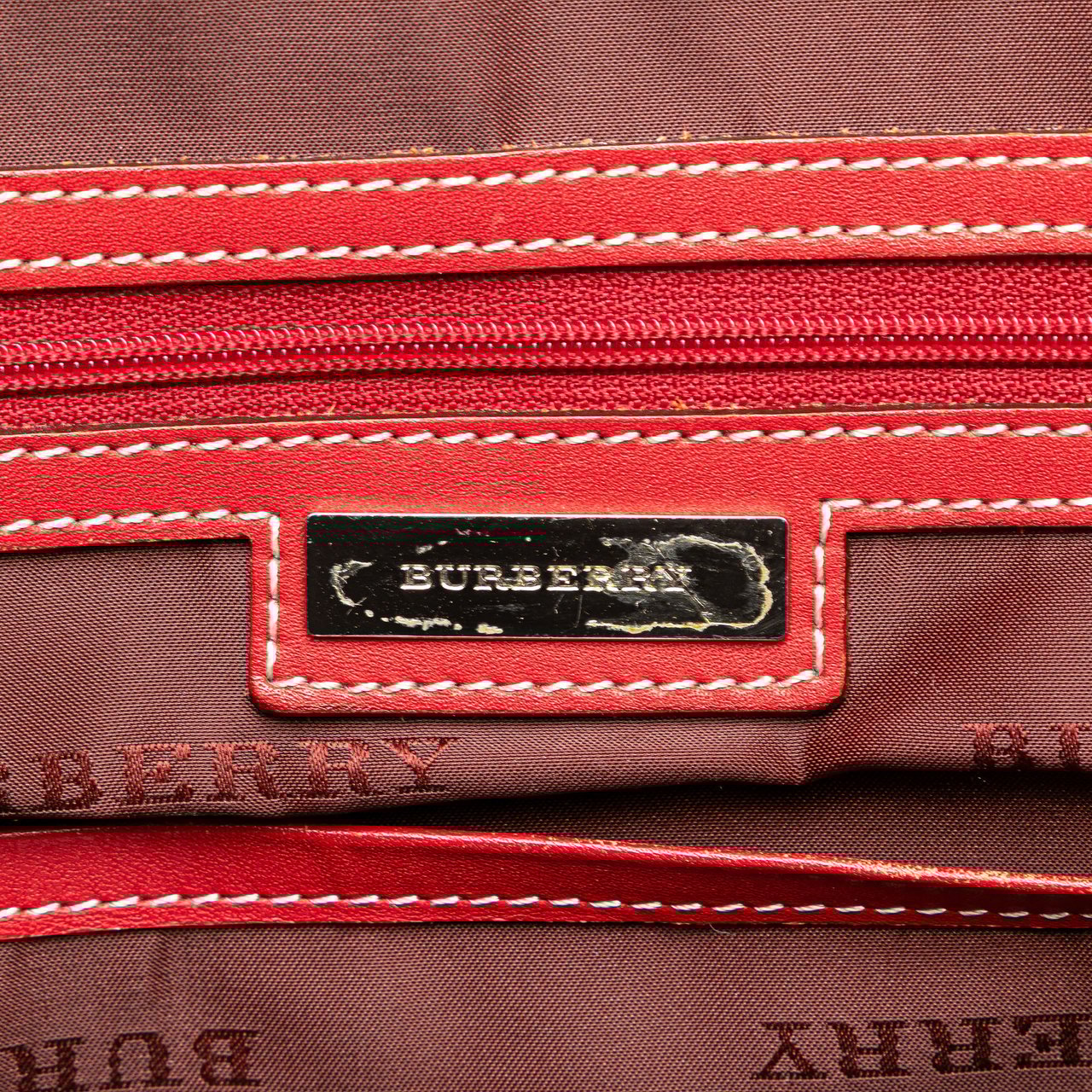 Burberry Leather Trimmed Tonal Check Canvas Dome Handbag Rood