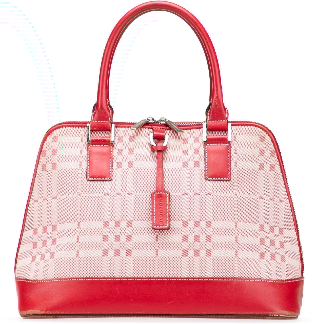Burberry Leather Trimmed Tonal Check Canvas Dome Handbag Rood