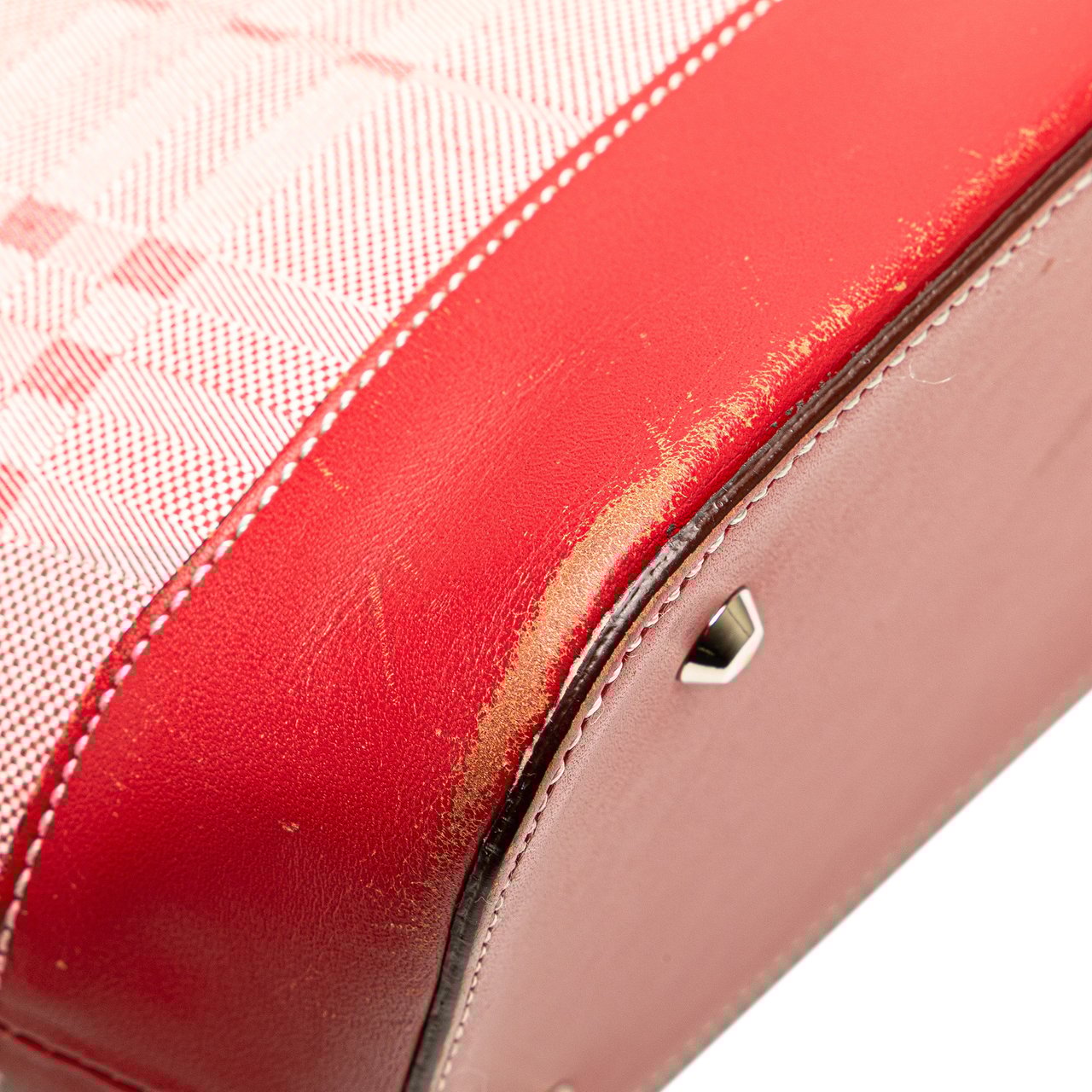 Burberry Leather Trimmed Tonal Check Canvas Dome Handbag Rood