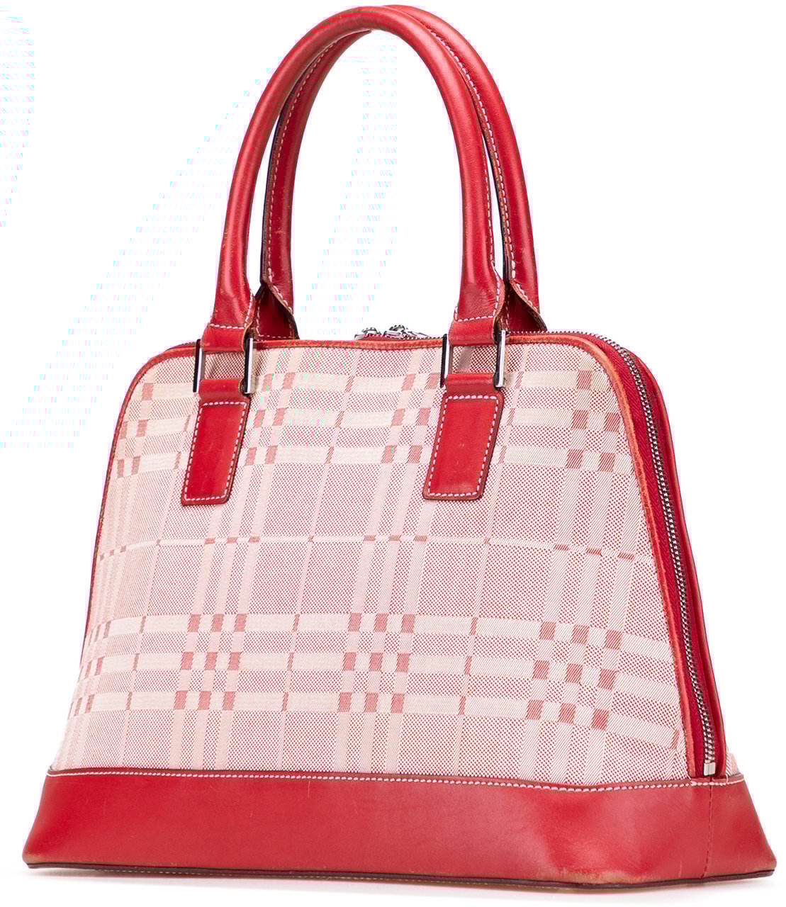 Burberry Leather Trimmed Tonal Check Canvas Dome Handbag Rood