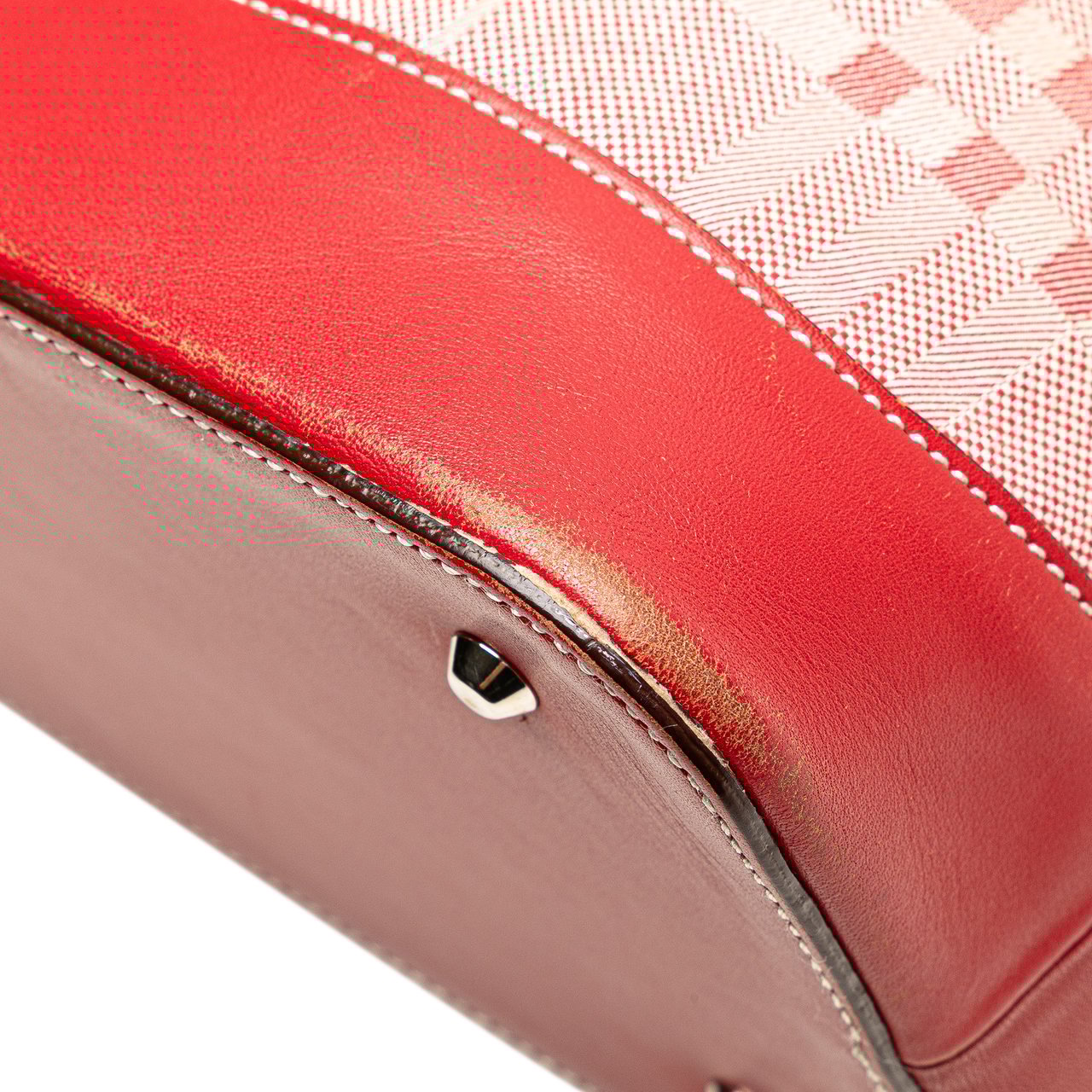 Burberry Leather Trimmed Tonal Check Canvas Dome Handbag Rood