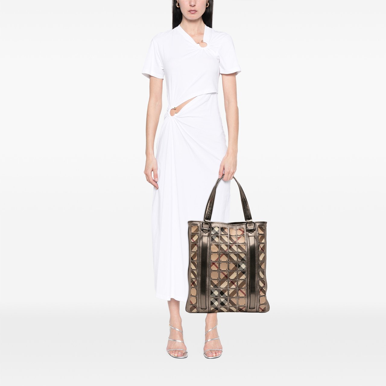Burberry Supernova Check Canvas and Metallic Calfskin Brooke Warrior Tote Bruin