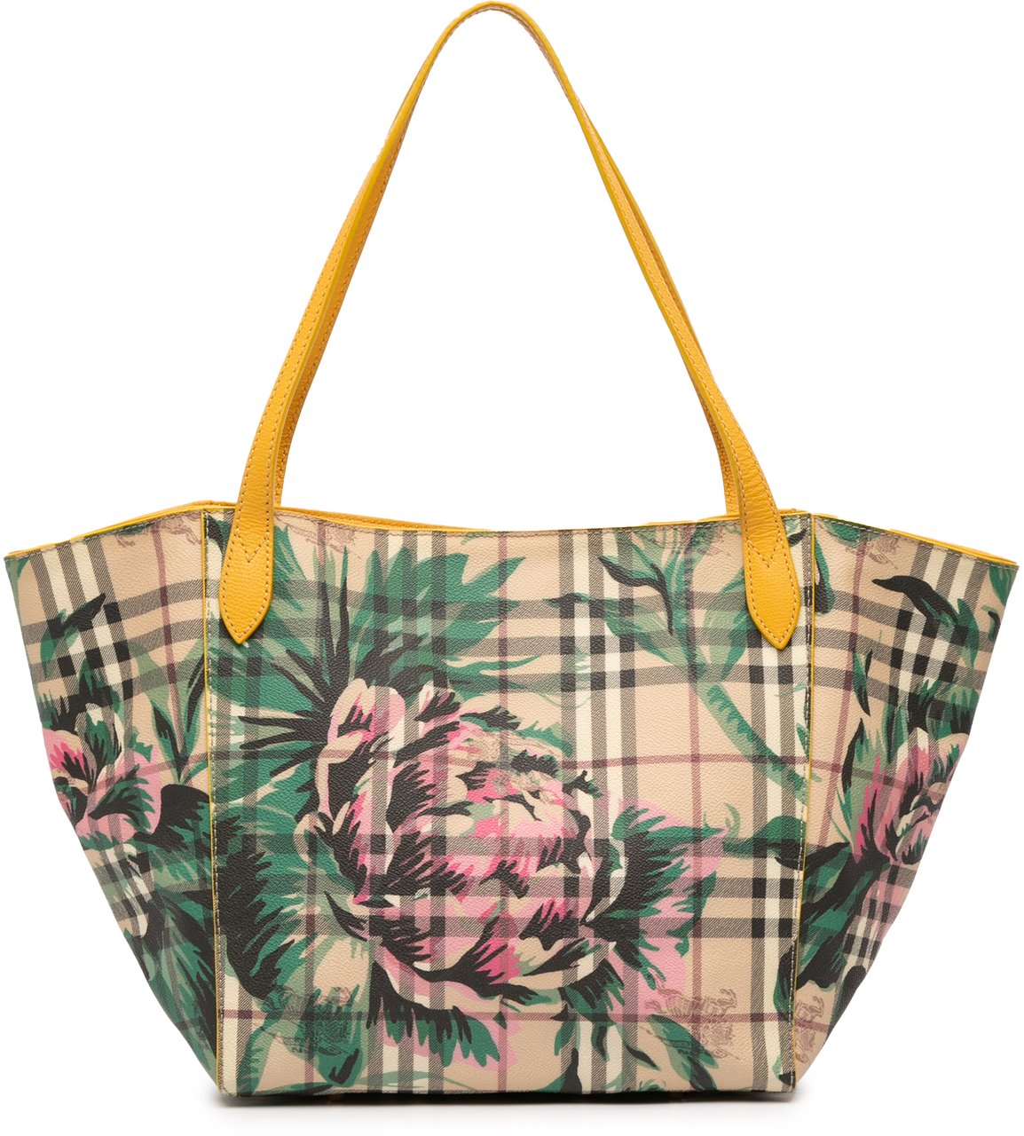 Burberry Small Haymarket Check Floral Print Coated Canvas Canterbury Tote Bruin