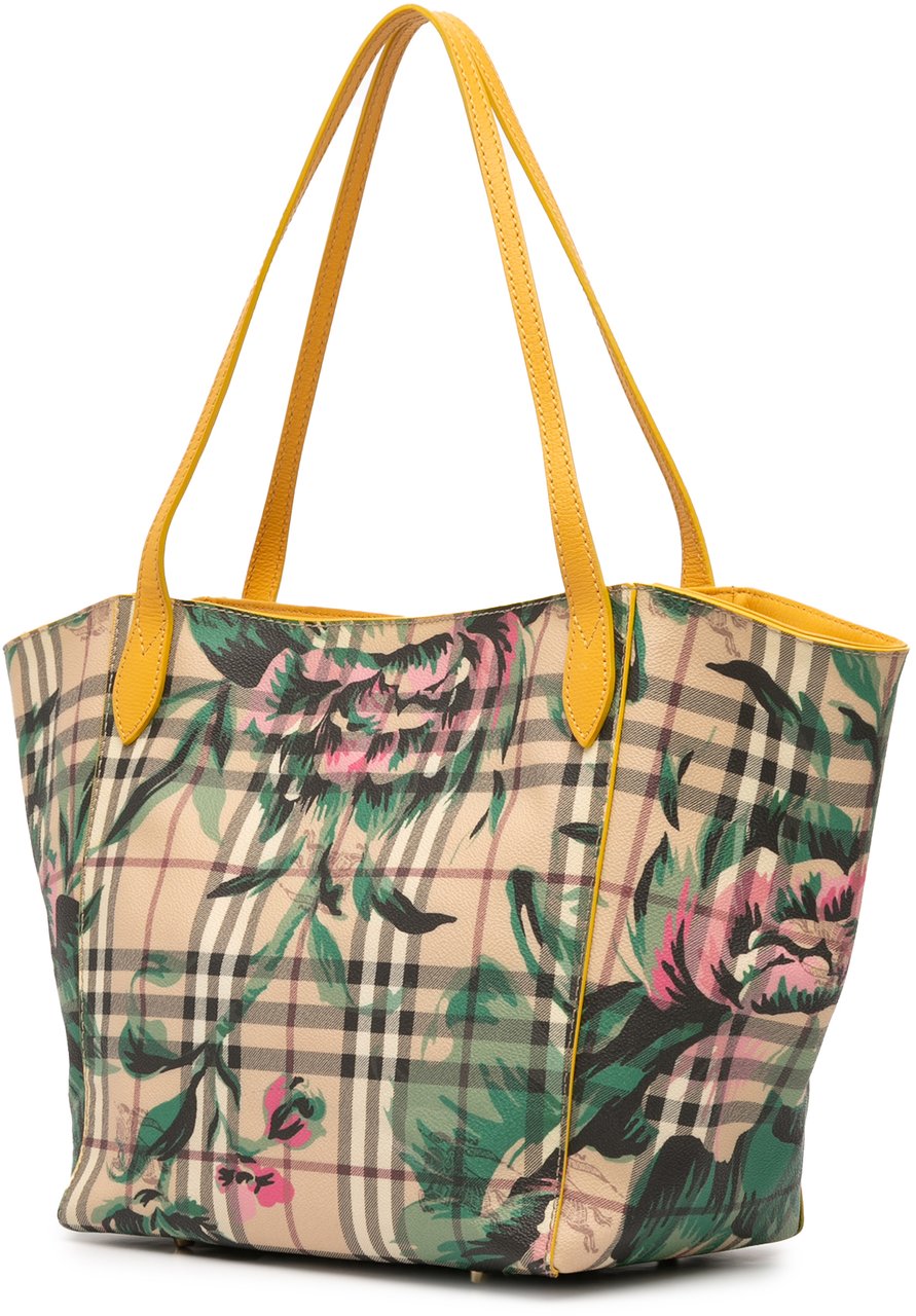 Burberry Small Haymarket Check Floral Print Coated Canvas Canterbury Tote Bruin
