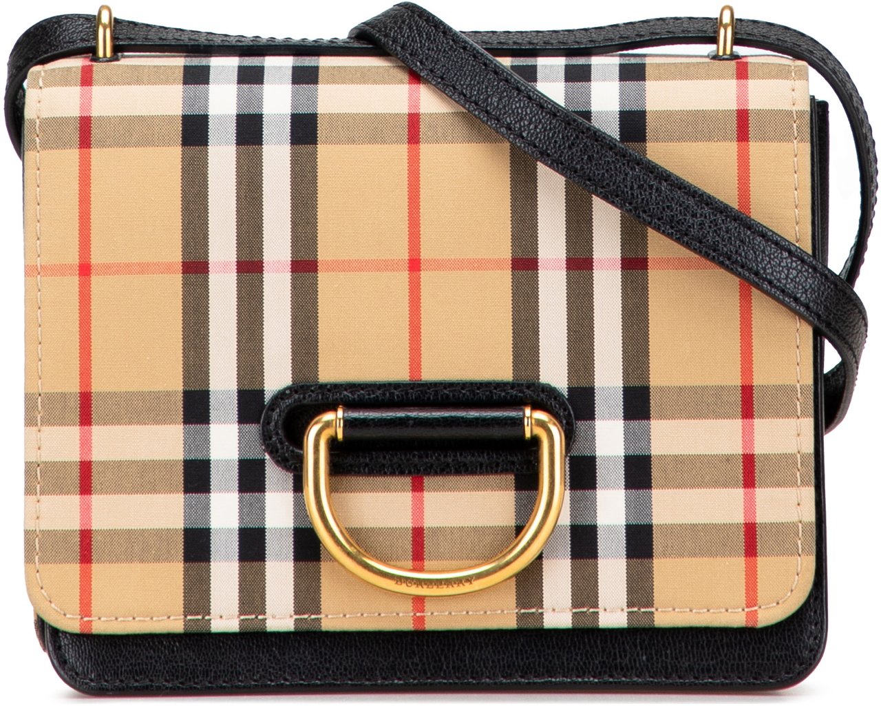 Burberry Small Goatskin Trimmed House Check Canvas D Ring Crossbody Bruin