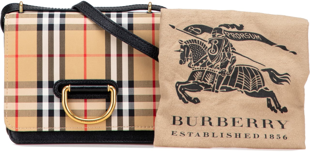 Burberry Small Goatskin Trimmed House Check Canvas D Ring Crossbody Bruin