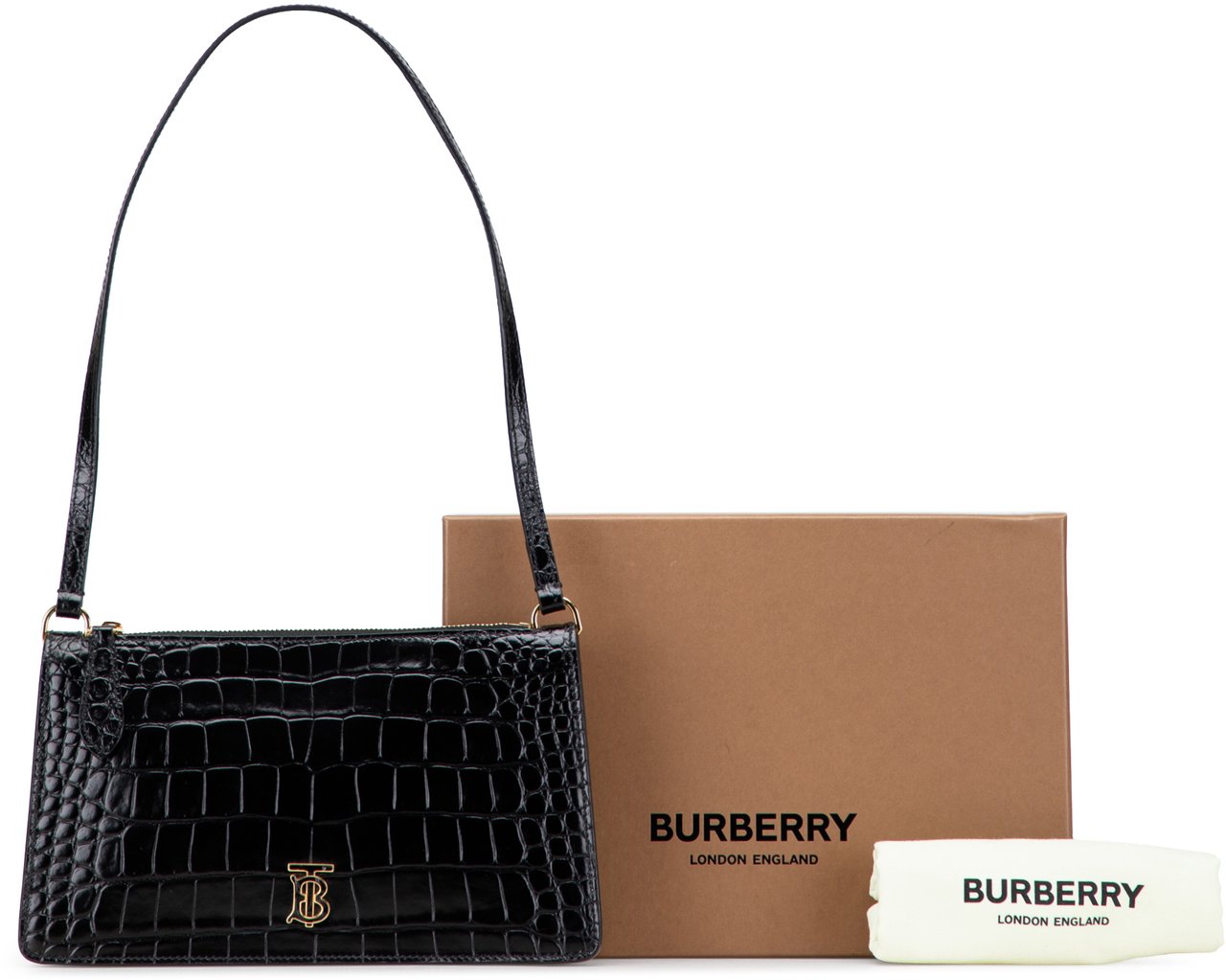 Burberry Small Crocodile Embossed Leather TB Shoulder Bag Zwart