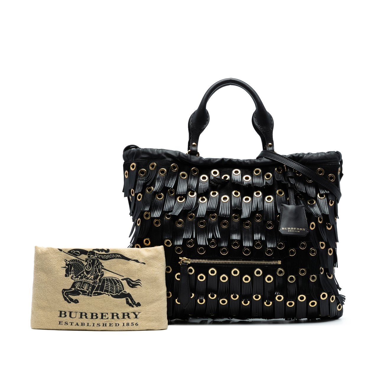 Burberry Calf Hair and Leather Grommet Fringe Big Crush Tote Zwart