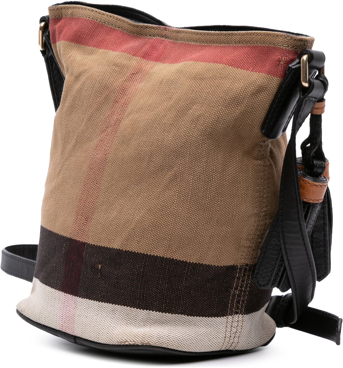 Burberry Mini Mega Check Canvas Ashby Tassel Bucket Bag Bruin
