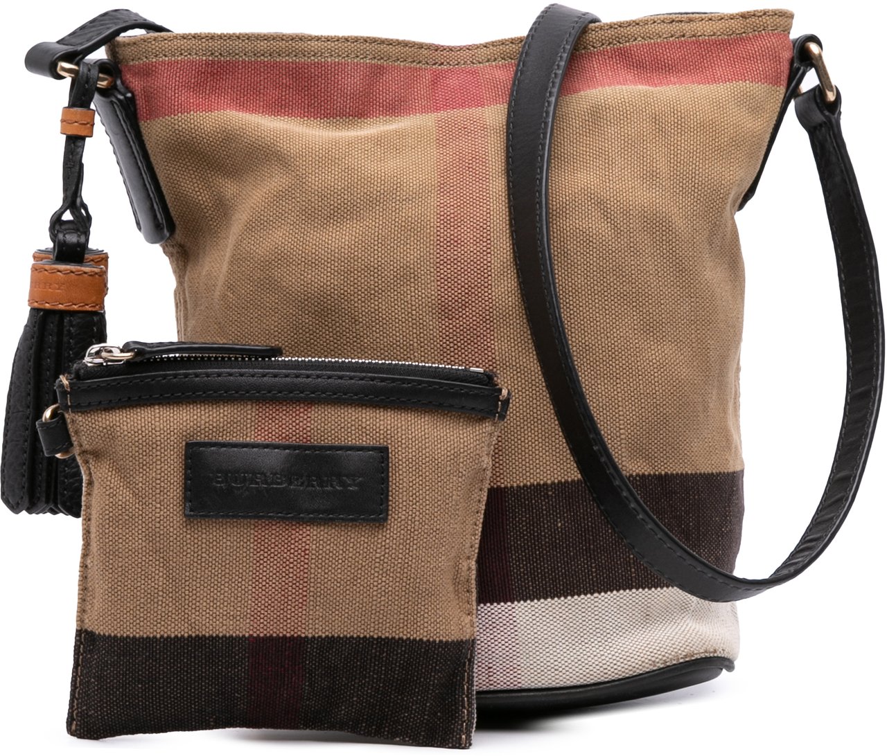 Burberry Mini Mega Check Canvas Ashby Tassel Bucket Bag Bruin