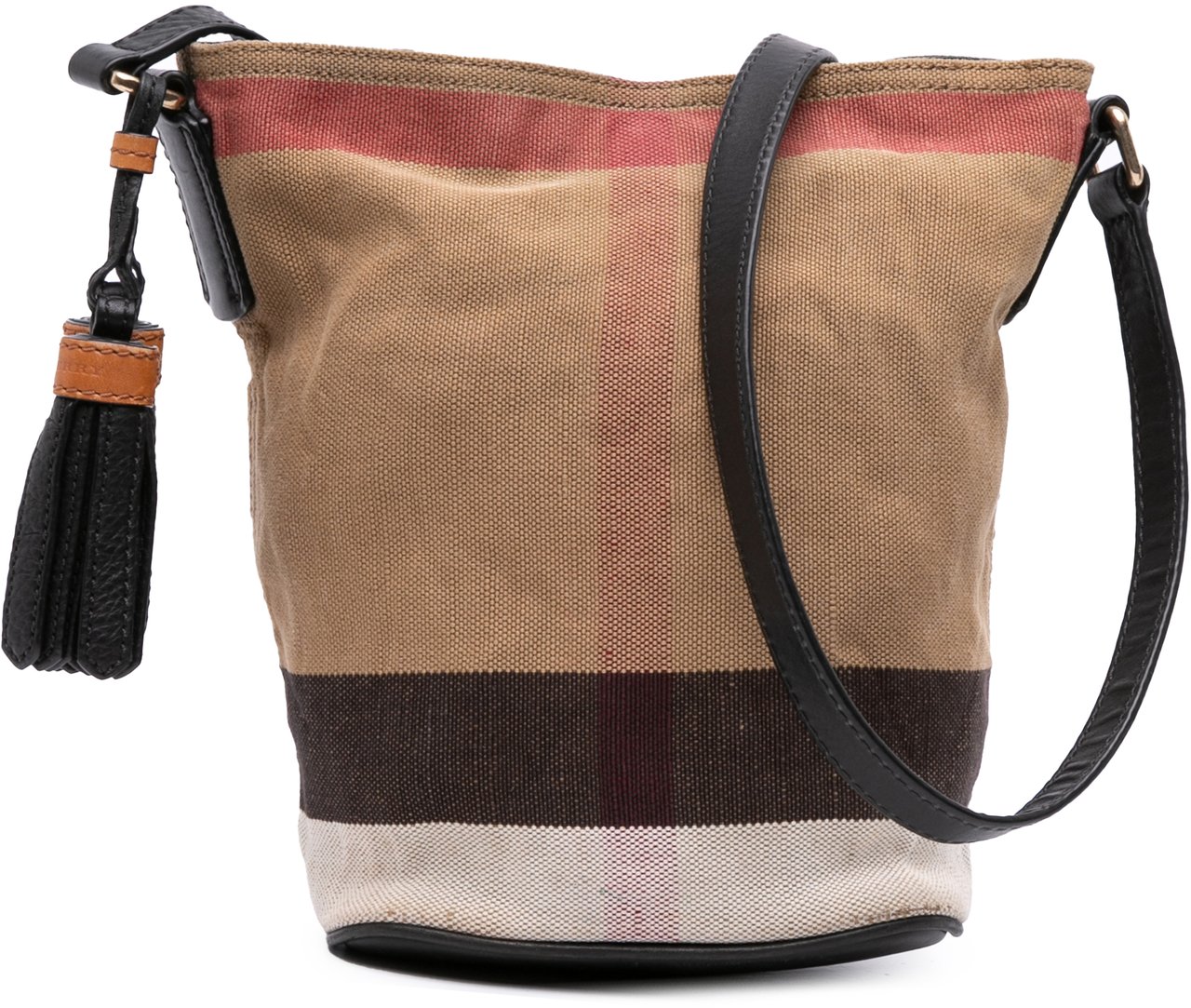 Burberry Mini Mega Check Canvas Ashby Tassel Bucket Bag Bruin