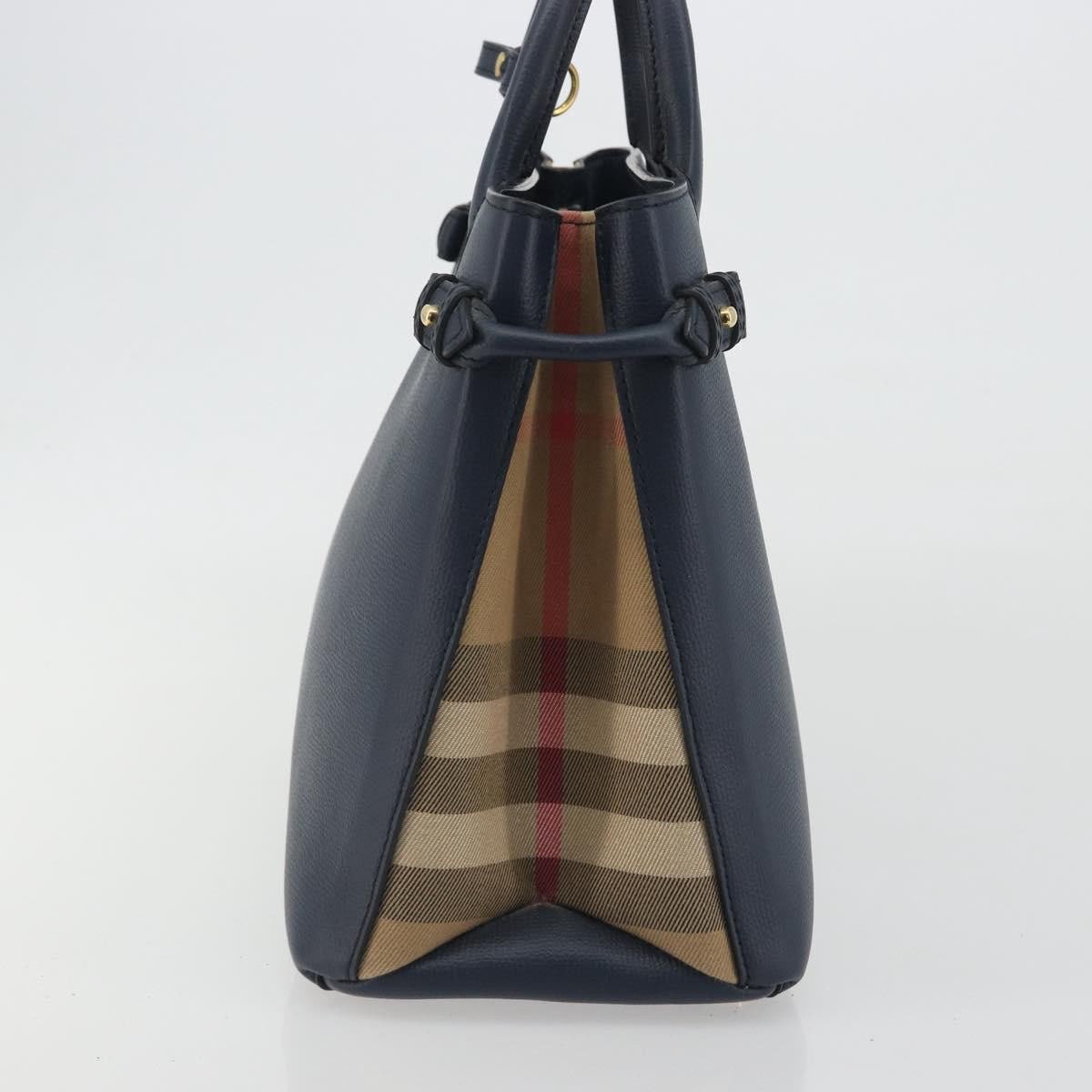 Burberry Banner Tote Leather and House Check Canvas Medium Navy