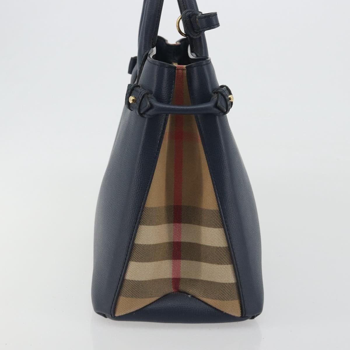 Burberry Banner Tote Leather and House Check Canvas Medium Navy