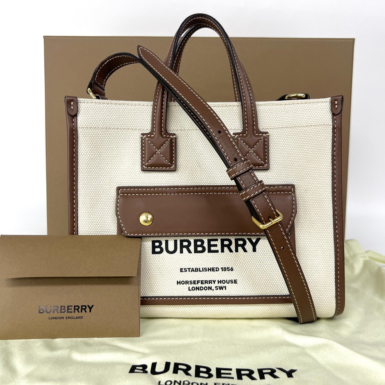 Burberry Freya Shopping Tote Canvas with Leather Mini Beige