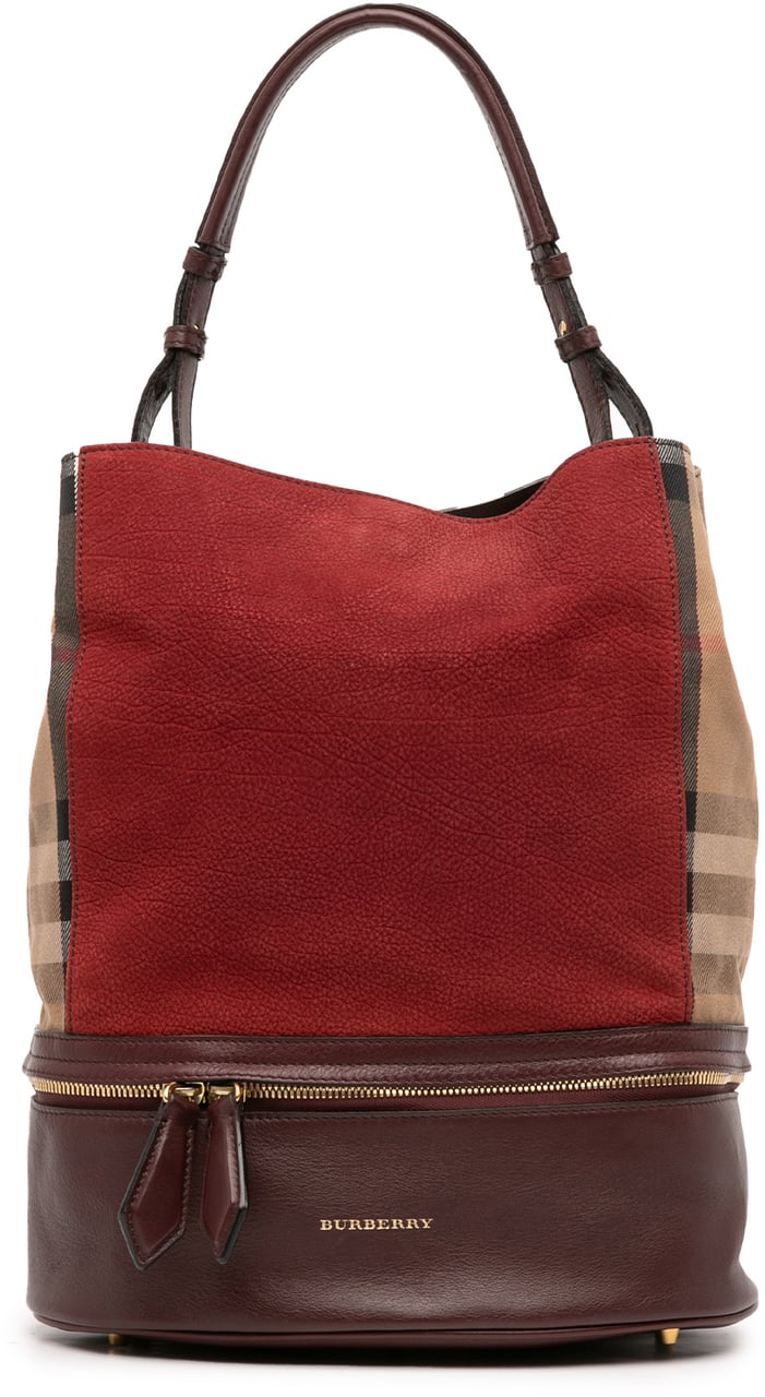 Burberry Nubuck and House Check Canvas Beckett Bucket Bag Rood