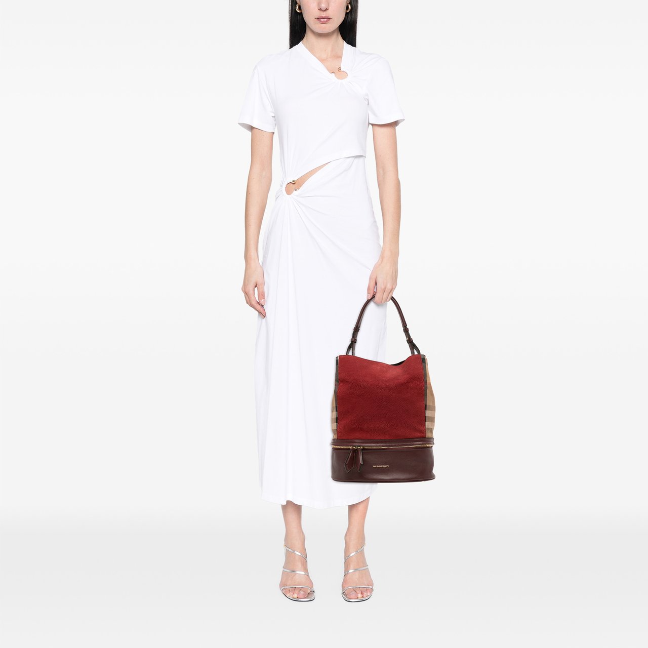 Burberry Nubuck and House Check Canvas Beckett Bucket Bag Rood