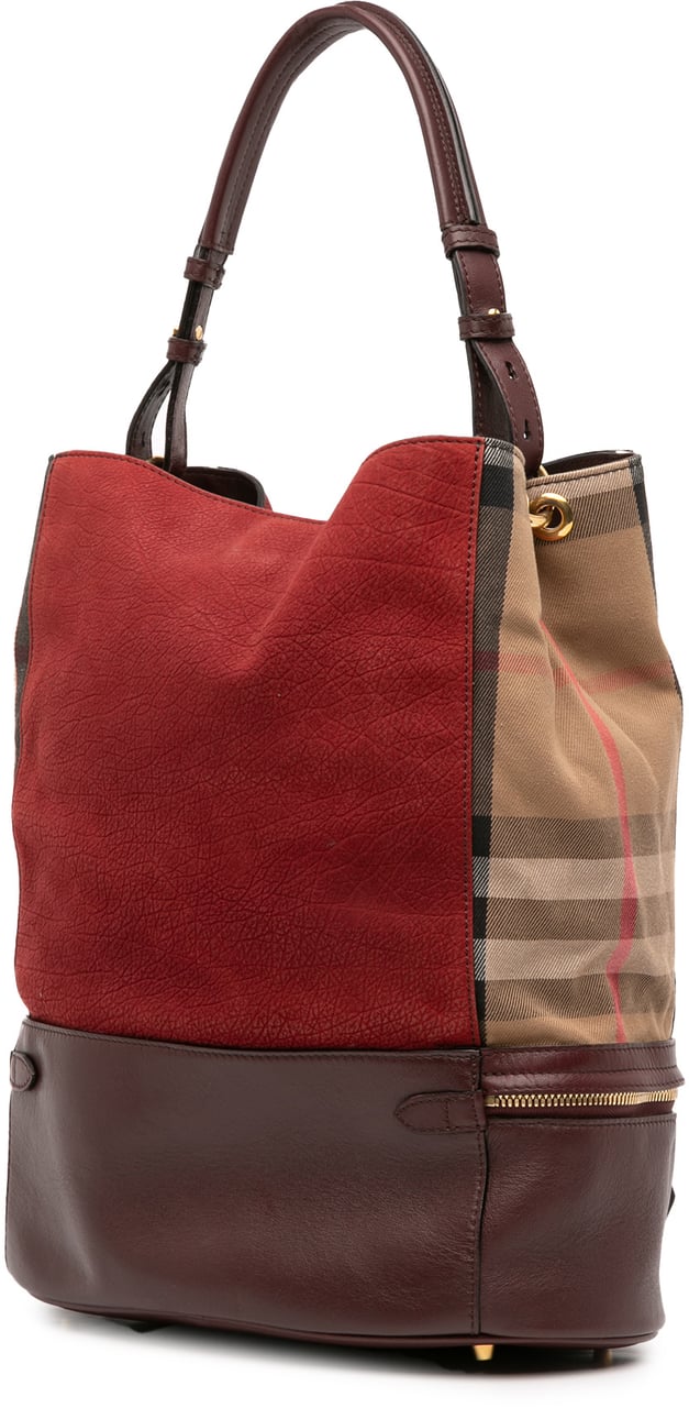 Burberry Nubuck and House Check Canvas Beckett Bucket Bag Rood