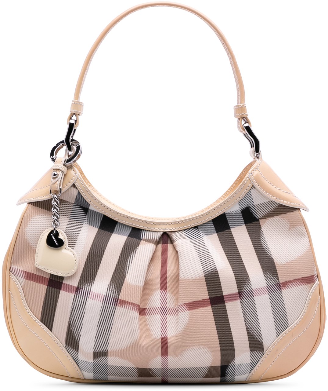 Burberry Patent Trimmed House Check Coated Canvas Hearts Shoulder Bag Bruin