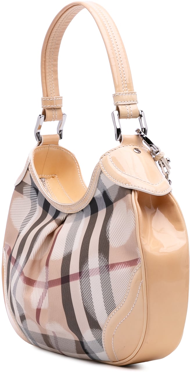 Burberry Patent Trimmed House Check Coated Canvas Hearts Shoulder Bag Bruin
