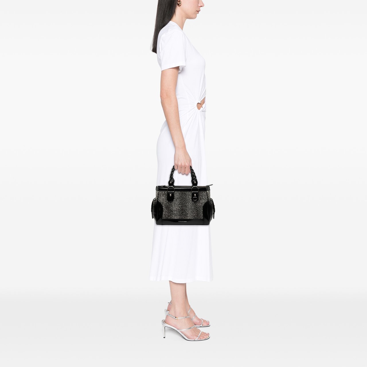 Burberry Leather Trimmed Wool Cargo Handbag Zwart