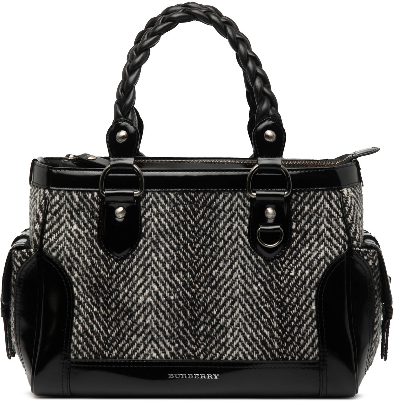 Burberry Leather Trimmed Wool Cargo Handbag Zwart