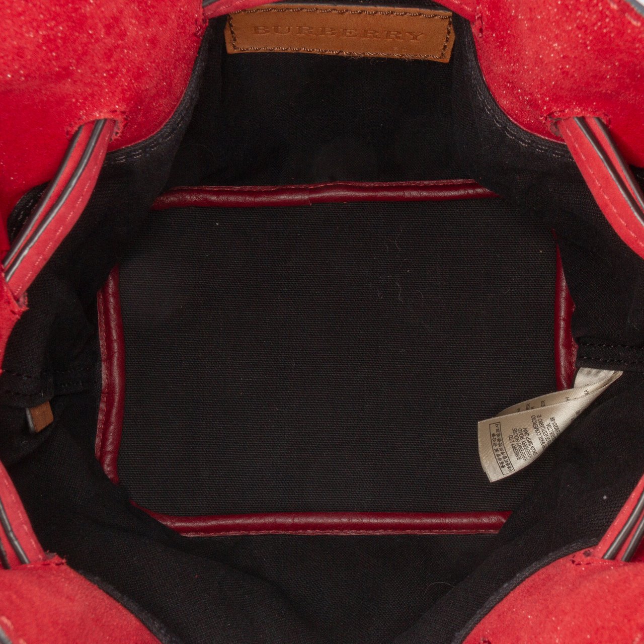 Burberry Small Mega Check Canvas and Suede Fringe Belgrove Bucket Bag Rood