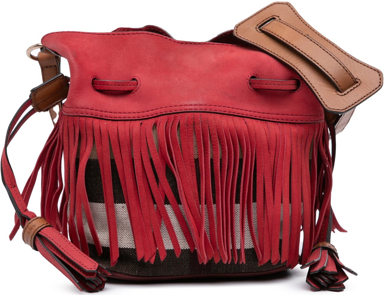 Burberry Small Mega Check Canvas and Suede Fringe Belgrove Bucket Bag Rood