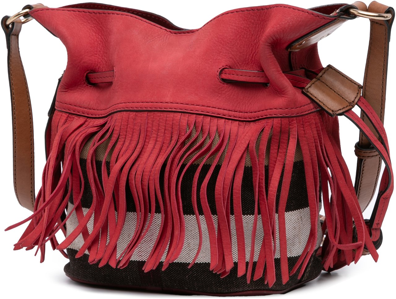 Burberry Small Mega Check Canvas and Suede Fringe Belgrove Bucket Bag Rood