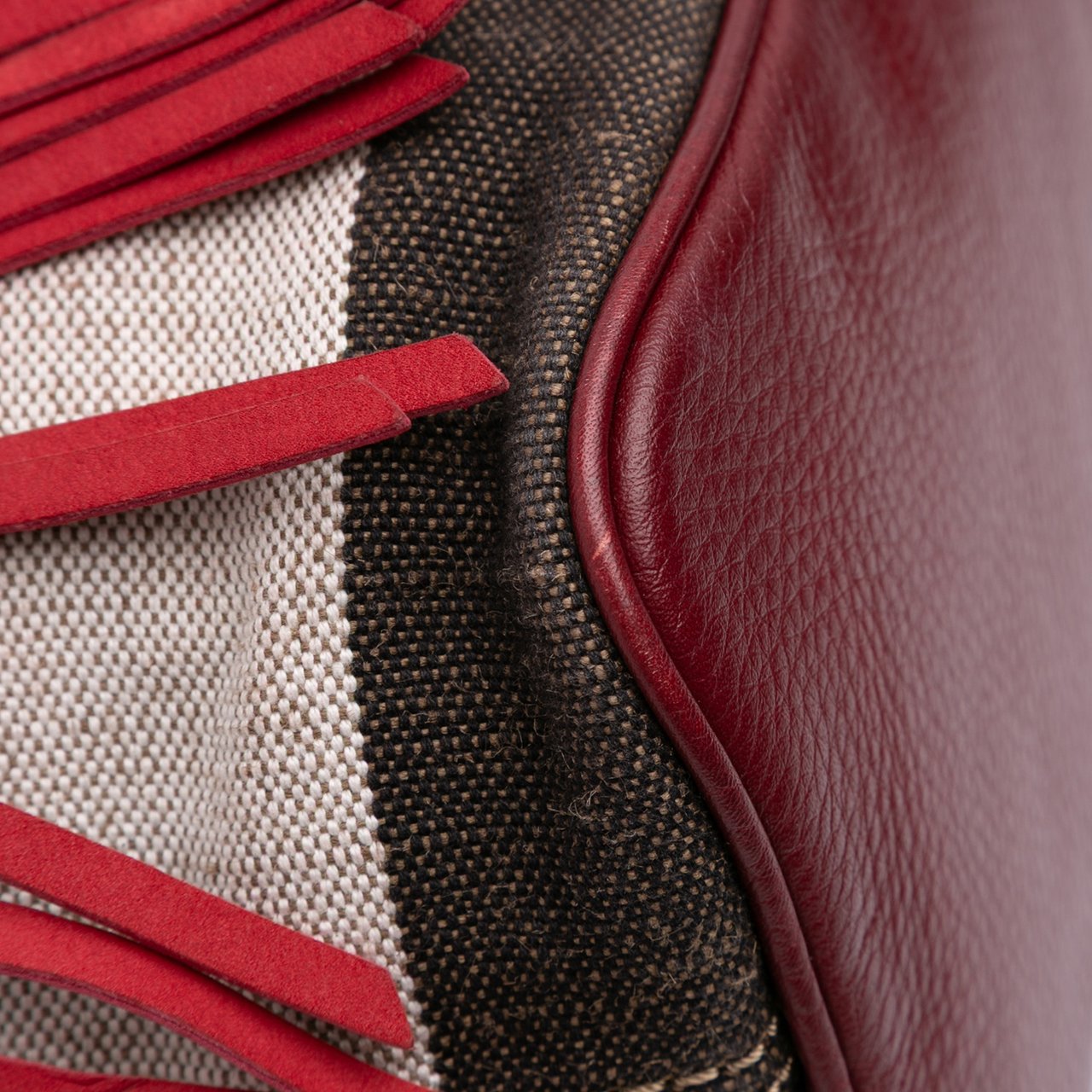 Burberry Small Mega Check Canvas and Suede Fringe Belgrove Bucket Bag Rood