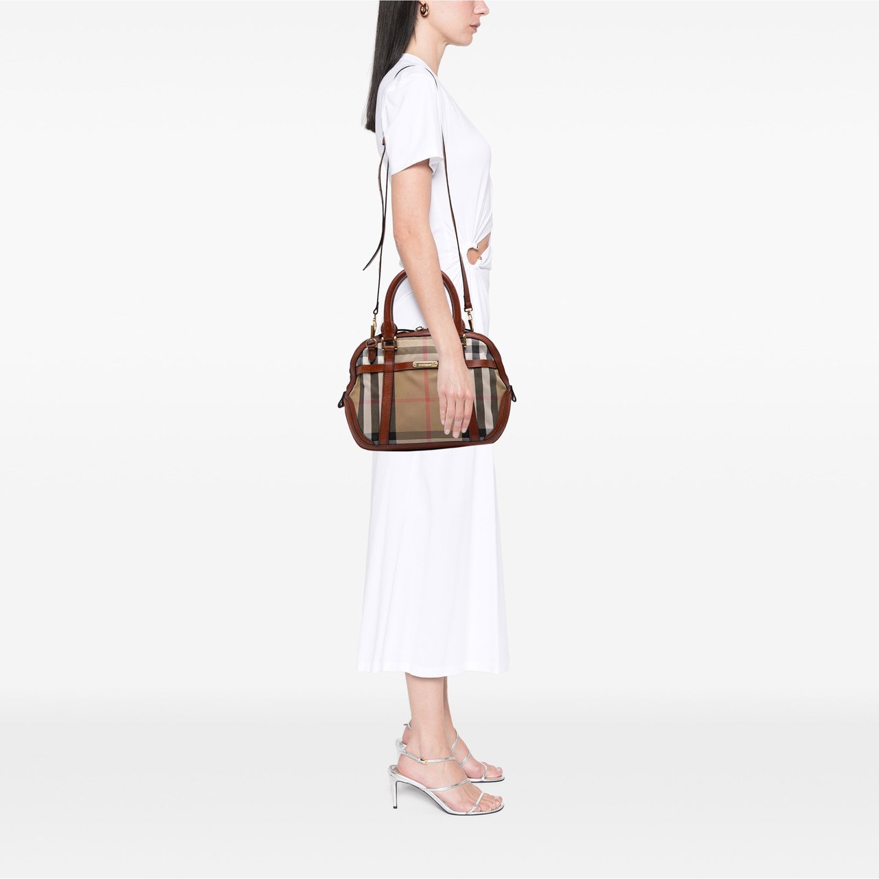 Burberry Small Leather Trimmed House Check Canvas Bridle Orchard Satchel Bruin