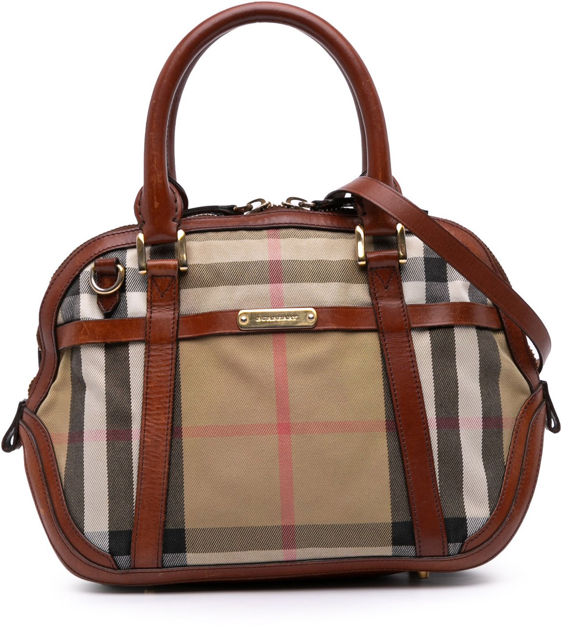 Burberry Small Leather Trimmed House Check Canvas Bridle Orchard Satchel Bruin