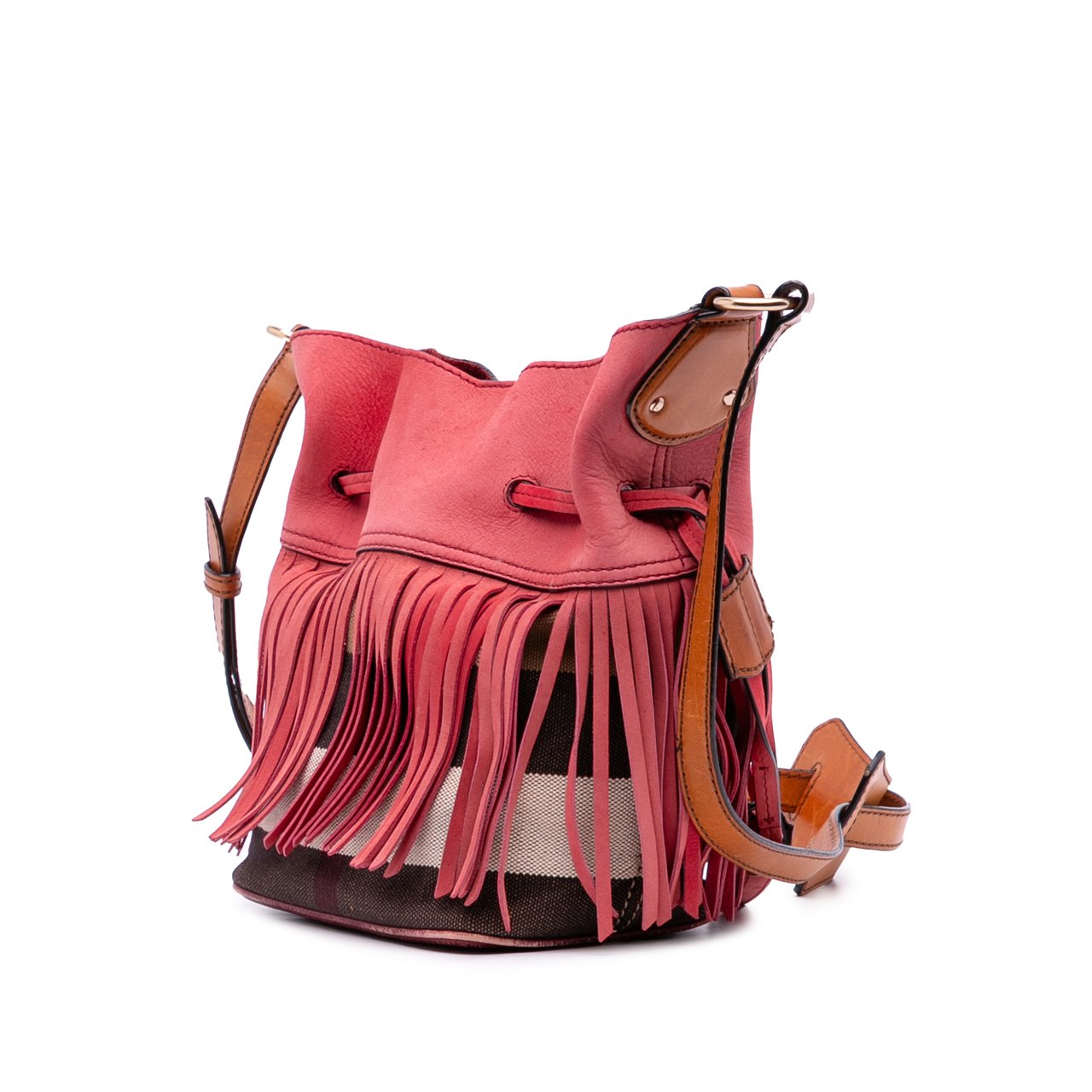 Burberry Small Mega Check Canvas and Suede Fringe Belgrove Bucket Bag Rood
